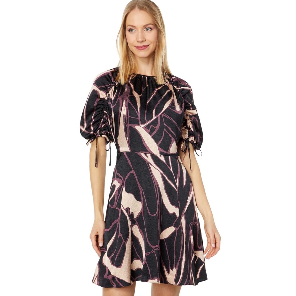 Ted Baker Dress Womens 1 Black Gilliaa Printed Mini Fit and Flare Puff Sleeve
